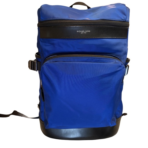 Michael Kors Kent Blue Nylon Backpack Black Leather Trim Laptop Travel Bag Mens